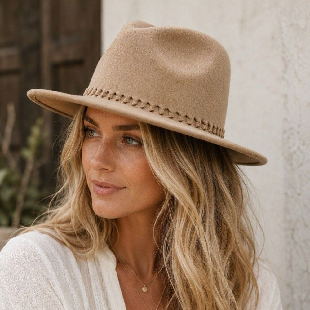 SAKS Fifth Avenue 100% Wool Felt Fedora Hat Tan Braided Band Boho Festival OS